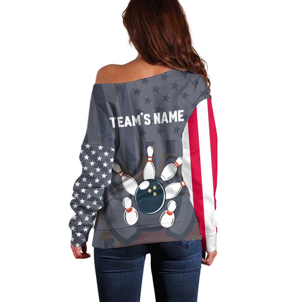 Custom Bowling Ball and Pins Off Shoulder Sweater American Flag Stars and Stripes in Grunge Patriotic - Wonder Print Shop