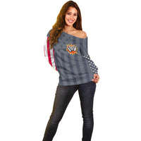 Custom Bowling Ball and Pins Off Shoulder Sweater American Flag Stars and Stripes in Grunge Patriotic - Wonder Print Shop