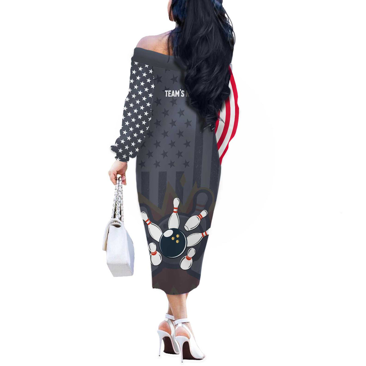 Custom Bowling Ball and Pins Off The Shoulder Long Sleeve Dress American Flag Stars and Stripes in Grunge Patriotic - Wonder Print Shop