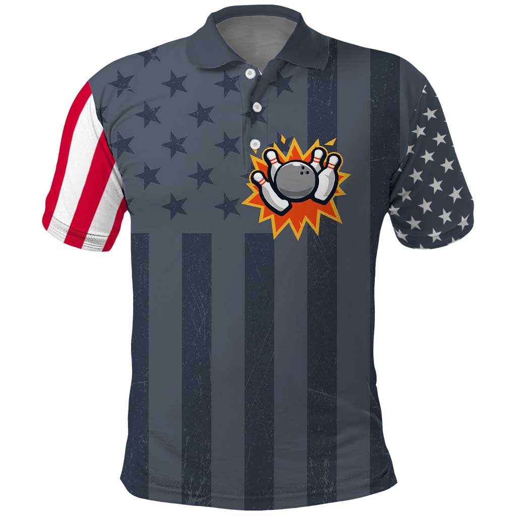Custom Bowling Ball and Pins Polo Shirt American Flag Stars and Stripes in Grunge Patriotic - Wonder Print Shop