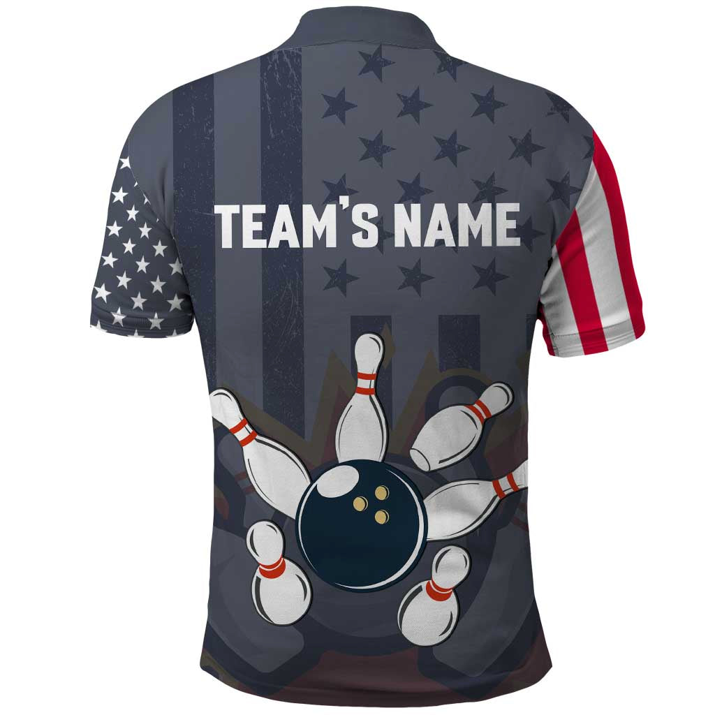 Custom Bowling Ball and Pins Polo Shirt American Flag Stars and Stripes in Grunge Patriotic - Wonder Print Shop