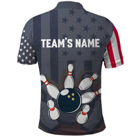 Custom Bowling Ball and Pins Polo Shirt American Flag Stars and Stripes in Grunge Patriotic - Wonder Print Shop