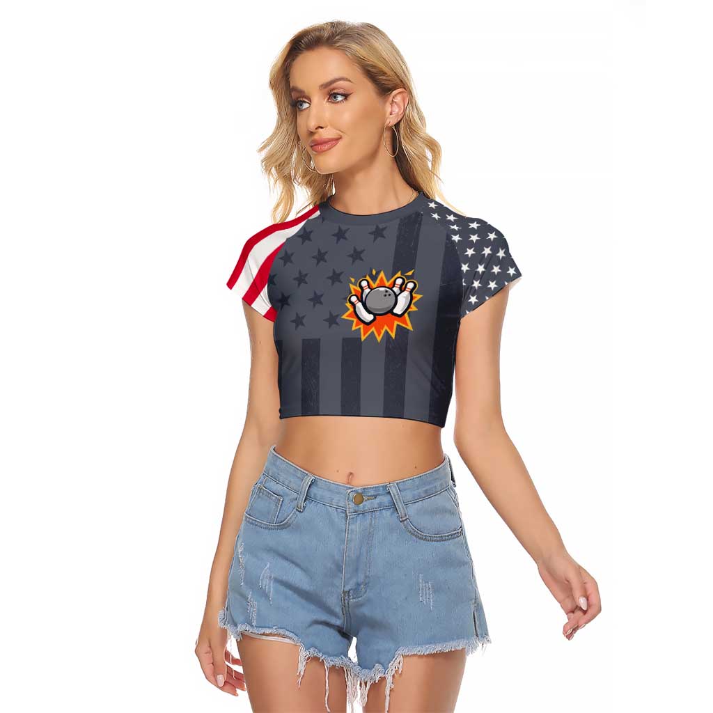 Custom Bowling Ball and Pins Raglan Cropped T Shirt American Flag Stars and Stripes in Grunge Patriotic - Wonder Print Shop