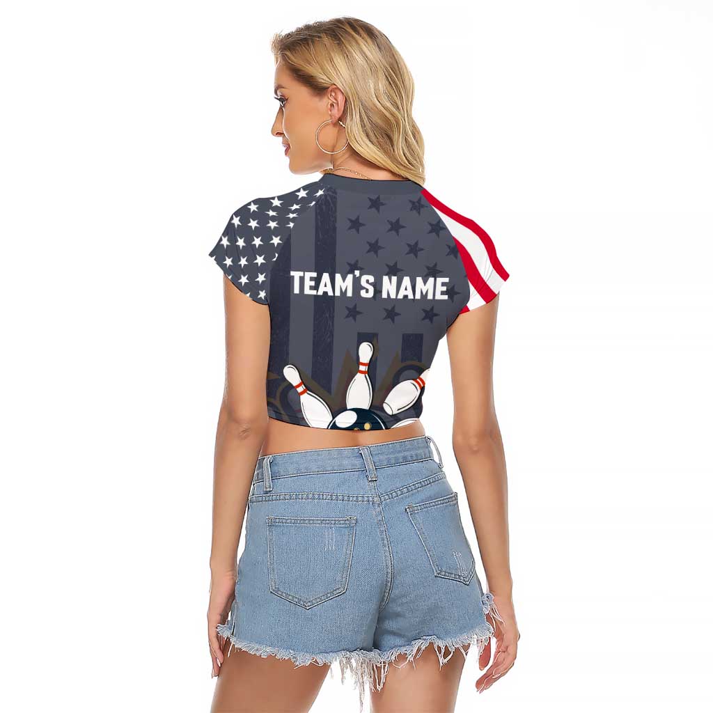 Custom Bowling Ball and Pins Raglan Cropped T Shirt American Flag Stars and Stripes in Grunge Patriotic - Wonder Print Shop