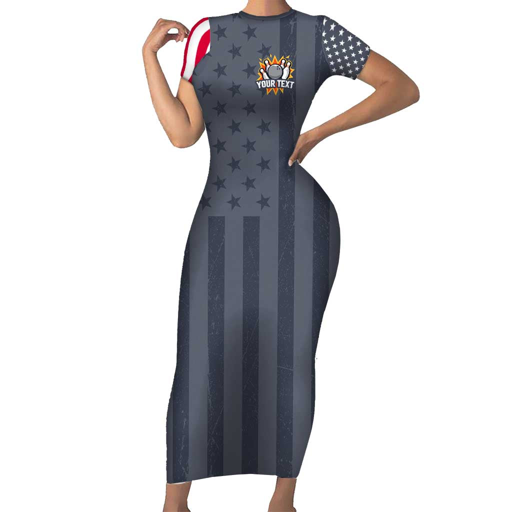 Custom Bowling Ball and Pins Short Sleeve Bodycon Dress American Flag Stars and Stripes in Grunge Patriotic - Wonder Print Shop