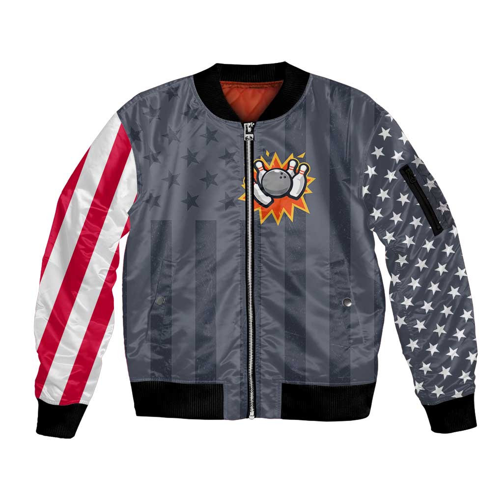 Custom Bowling Ball and Pins Sleeve Zip Bomber Jacket American Flag Stars and Stripes in Grunge Patriotic - Wonder Print Shop