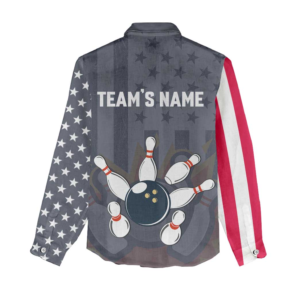 Custom Bowling Ball and Pins Women Casual Shirt American Flag Stars and Stripes in Grunge Patriotic - Wonder Print Shop