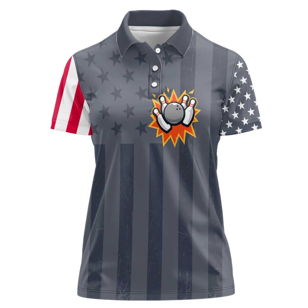 Custom Bowling Ball and Pins Women Polo Shirt American Flag Stars and Stripes in Grunge Patriotic - Wonder Print Shop