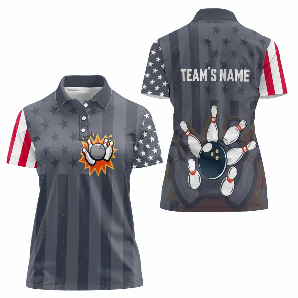 Custom Bowling Ball and Pins Women Polo Shirt American Flag Stars and Stripes in Grunge Patriotic - Wonder Print Shop