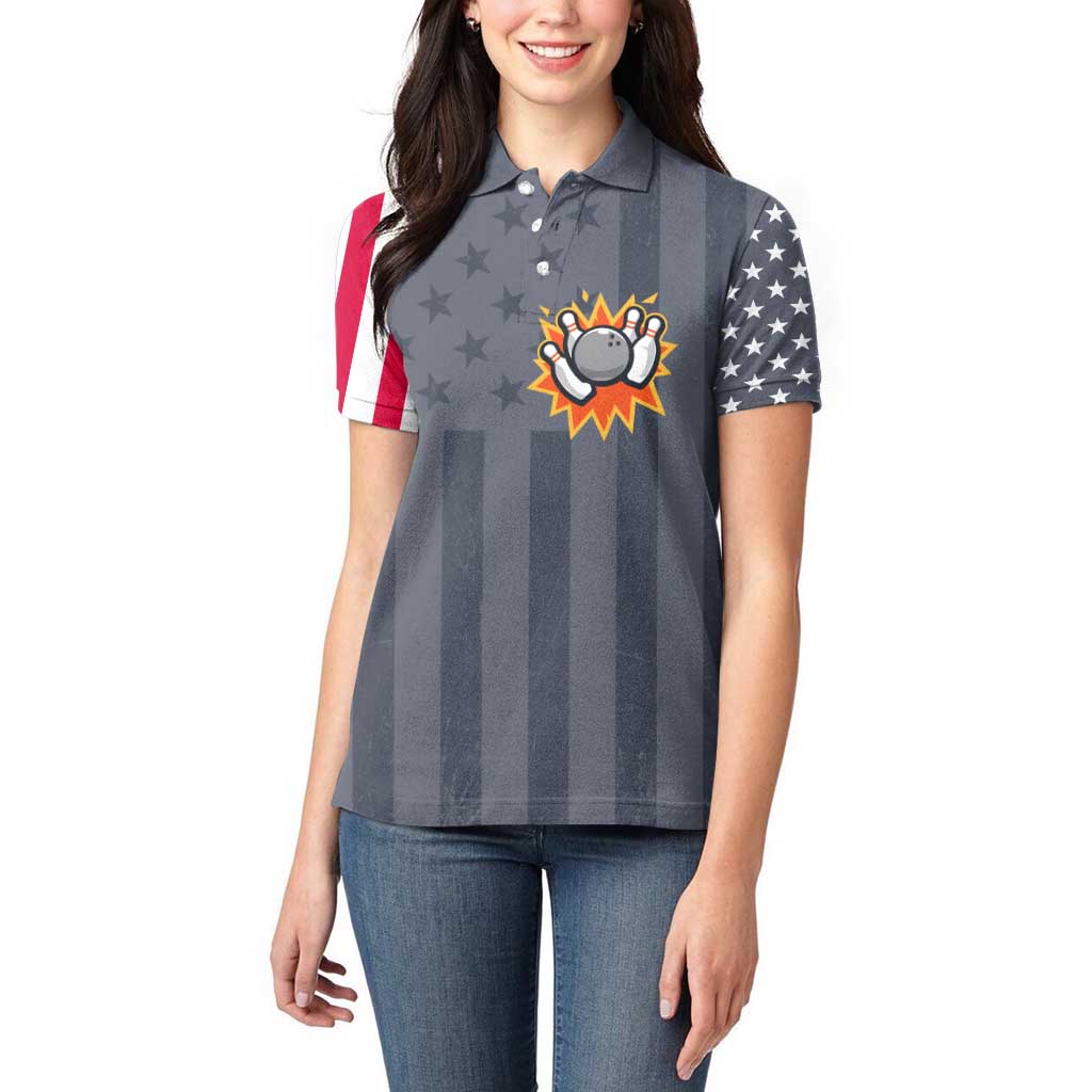 Custom Bowling Ball and Pins Women Polo Shirt American Flag Stars and Stripes in Grunge Patriotic - Wonder Print Shop