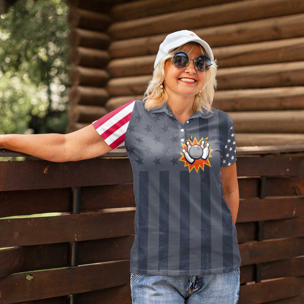 Custom Bowling Ball and Pins Women Polo Shirt American Flag Stars and Stripes in Grunge Patriotic - Wonder Print Shop