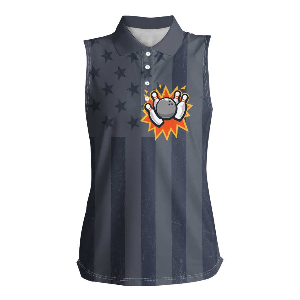 Custom Bowling Ball and Pins Women Sleeveless Polo Shirt American Flag Stars and Stripes in Grunge Patriotic - Wonder Print Shop