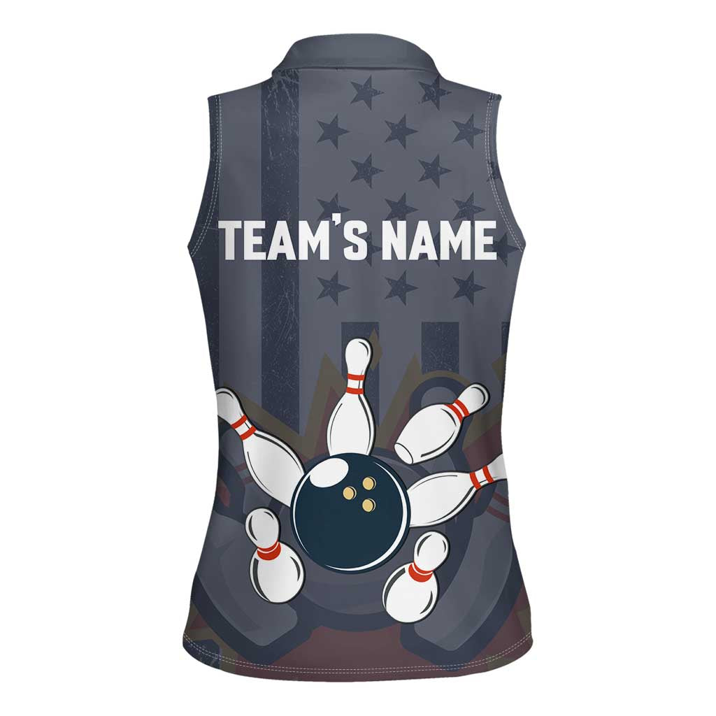 Custom Bowling Ball and Pins Women Sleeveless Polo Shirt American Flag Stars and Stripes in Grunge Patriotic - Wonder Print Shop