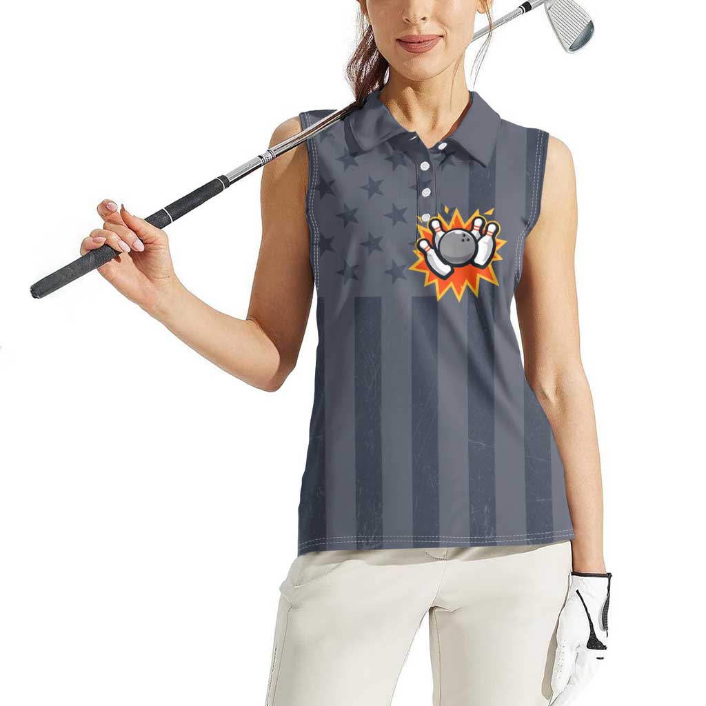 Custom Bowling Ball and Pins Women Sleeveless Polo Shirt American Flag Stars and Stripes in Grunge Patriotic - Wonder Print Shop