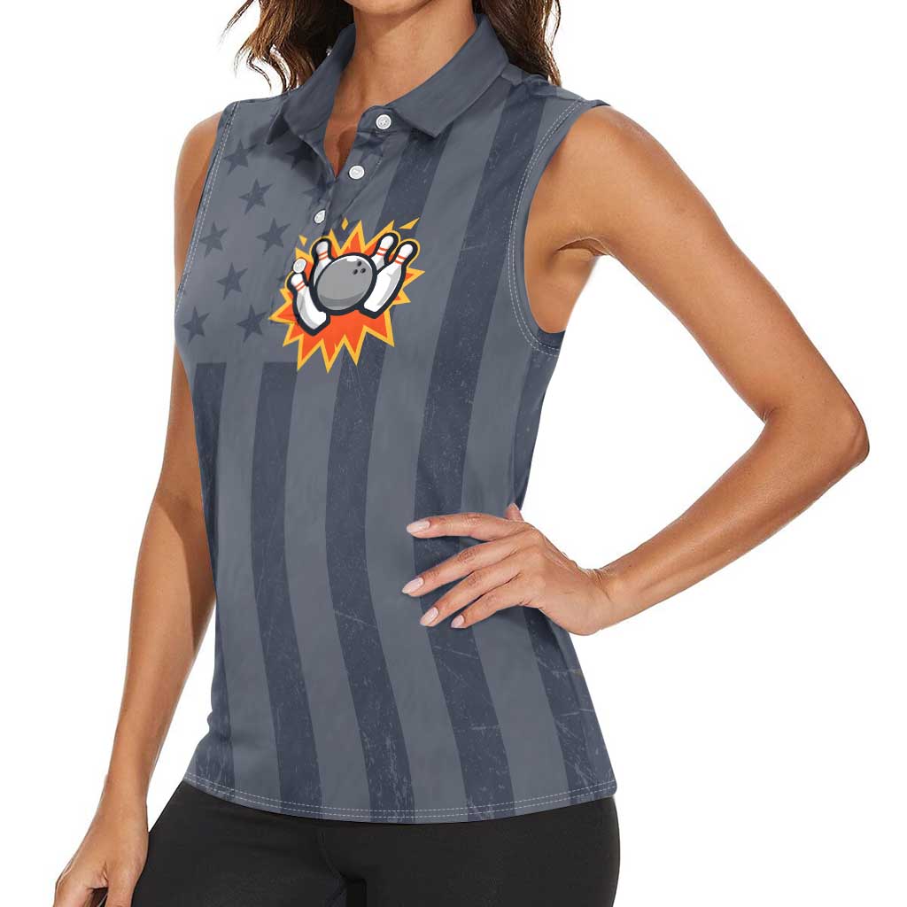Custom Bowling Ball and Pins Women Sleeveless Polo Shirt American Flag Stars and Stripes in Grunge Patriotic - Wonder Print Shop