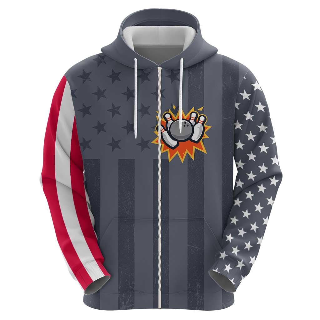 Custom Bowling Ball and Pins Zip Hoodie American Flag Stars and Stripes in Grunge Patriotic - Wonder Print Shop