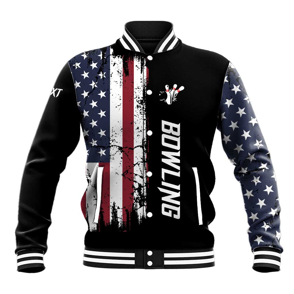 Grunge American Flag Custom Bowling Baseball Jacket Pins Graphic and Team Text Layout Design - Wonder Print Shop
