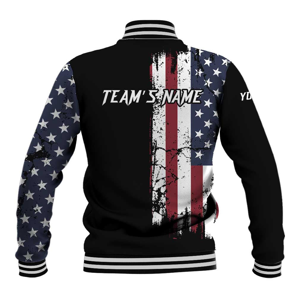 Grunge American Flag Custom Bowling Baseball Jacket Pins Graphic and Team Text Layout Design - Wonder Print Shop