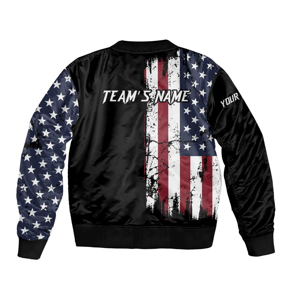 Grunge American Flag Custom Bowling Bomber Jacket Pins Graphic and Team Text Layout Design - Wonder Print Shop