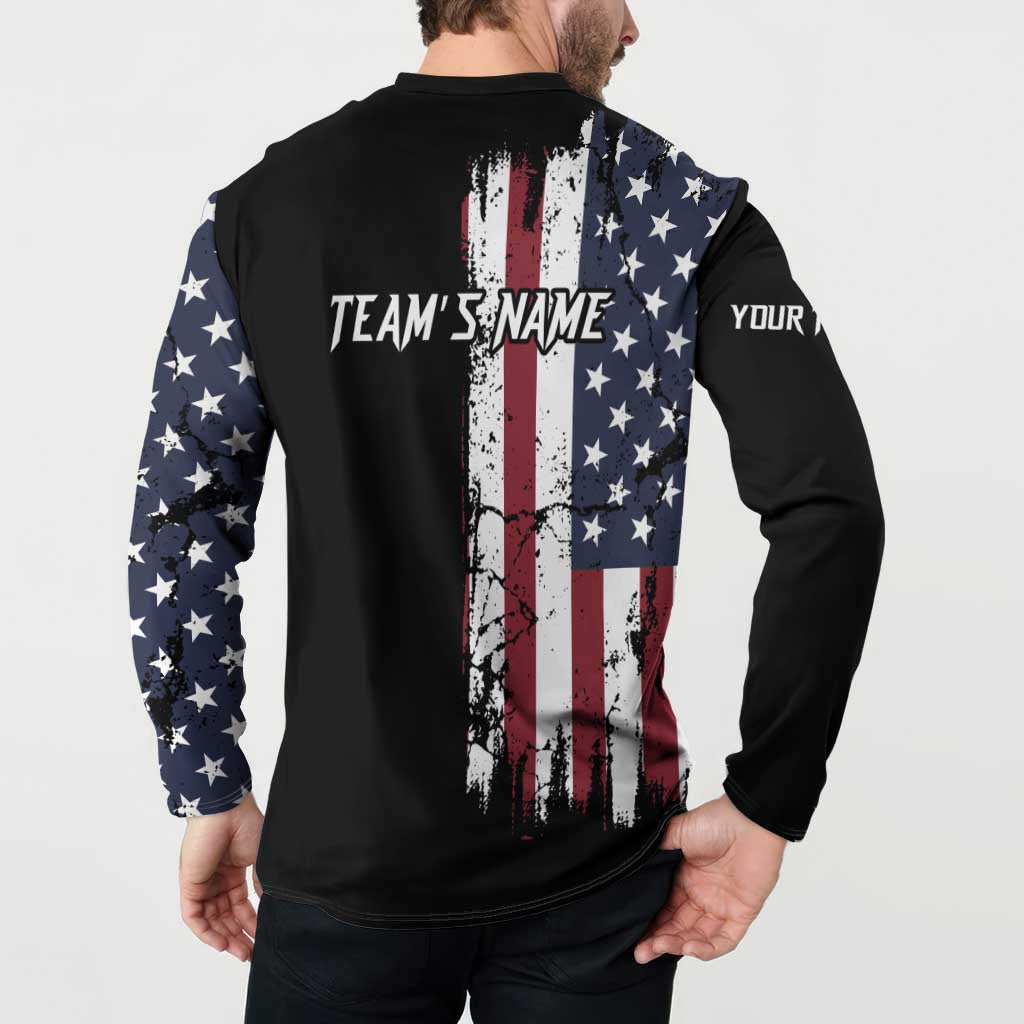 Grunge American Flag Custom Bowling Button Sweatshirt Pins Graphic and Team Text Layout Design - Wonder Print Shop