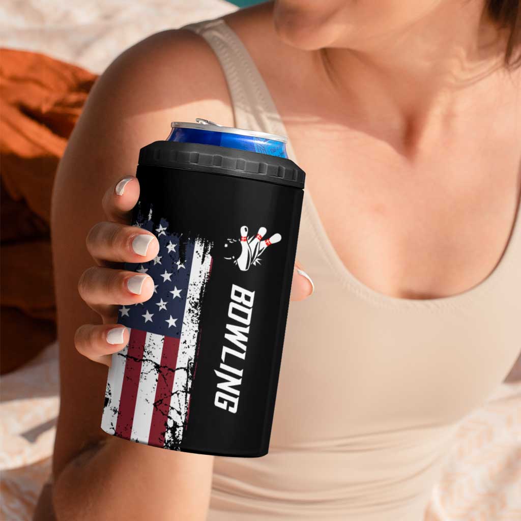 Grunge American Flag Custom Bowling 4 in 1 Can Cooler Tumbler Pins Graphic and Team Text Layout Design - Wonder Print Shop