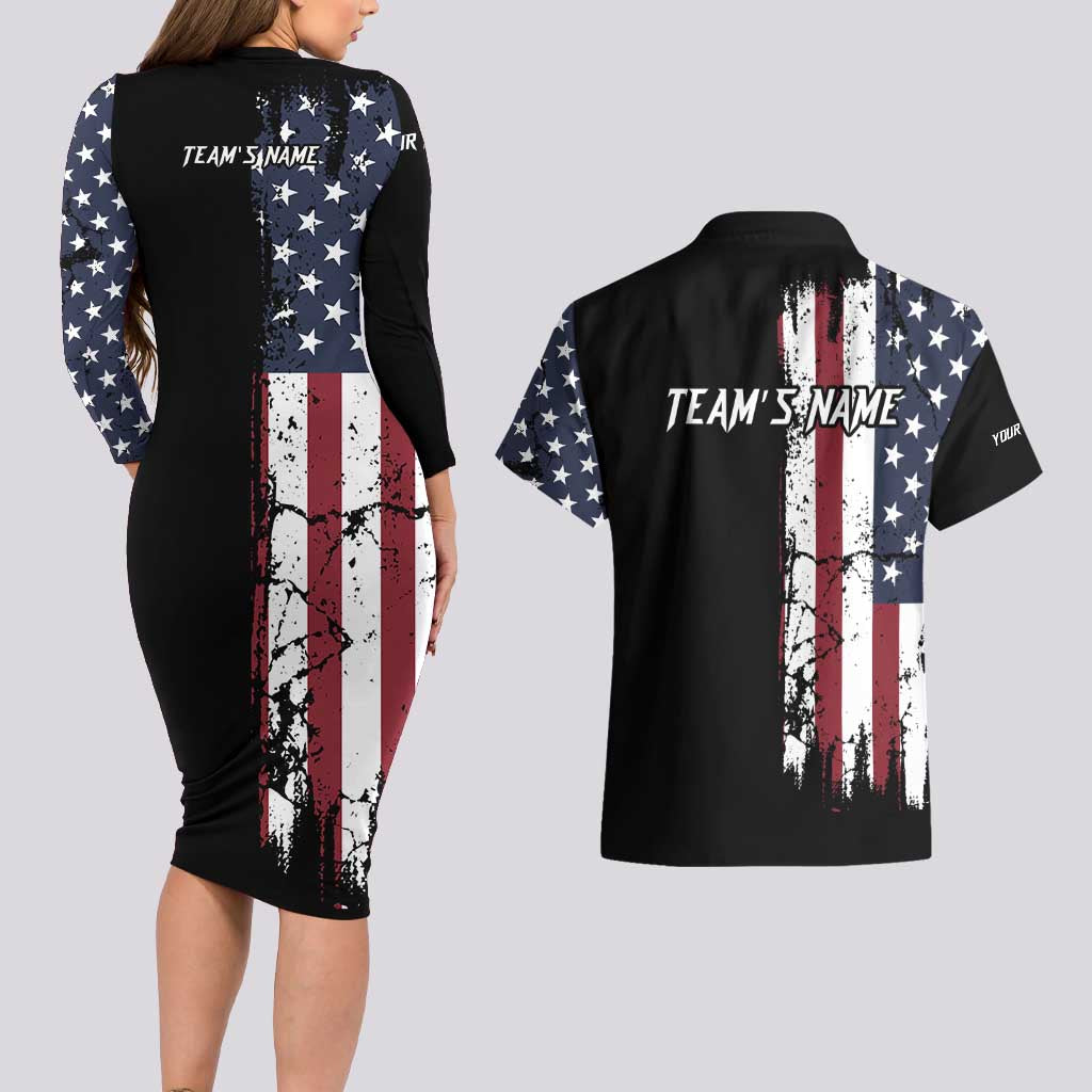 Grunge American Flag Custom Bowling Couples Matching Long Sleeve Bodycon Dress and Hawaiian Shirt Pins Graphic and Team Text Layout Design - Wonder Print Shop