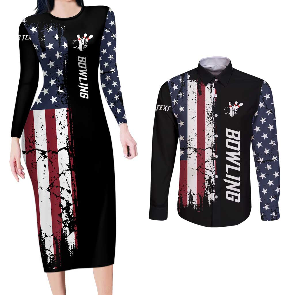 Grunge American Flag Custom Bowling Couples Matching Long Sleeve Bodycon Dress and Long Sleeve Button Shirt Pins Graphic and Team Text Layout Design - Wonder Print Shop