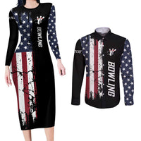 Grunge American Flag Custom Bowling Couples Matching Long Sleeve Bodycon Dress and Long Sleeve Button Shirt Pins Graphic and Team Text Layout Design - Wonder Print Shop