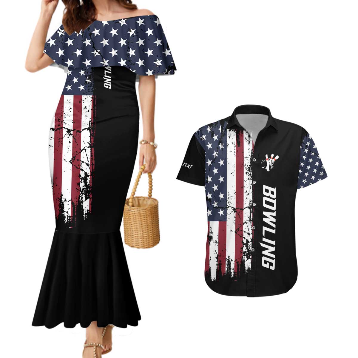 Grunge American Flag Custom Bowling Couples Matching Mermaid Dress and Hawaiian Shirt Pins Graphic and Team Text Layout Design - Wonder Print Shop