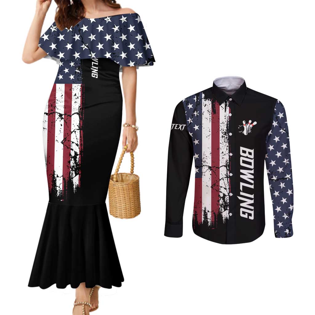 Grunge American Flag Custom Bowling Couples Matching Mermaid Dress and Long Sleeve Button Shirt Pins Graphic and Team Text Layout Design - Wonder Print Shop