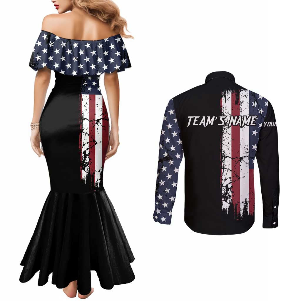 Grunge American Flag Custom Bowling Couples Matching Mermaid Dress and Long Sleeve Button Shirt Pins Graphic and Team Text Layout Design - Wonder Print Shop