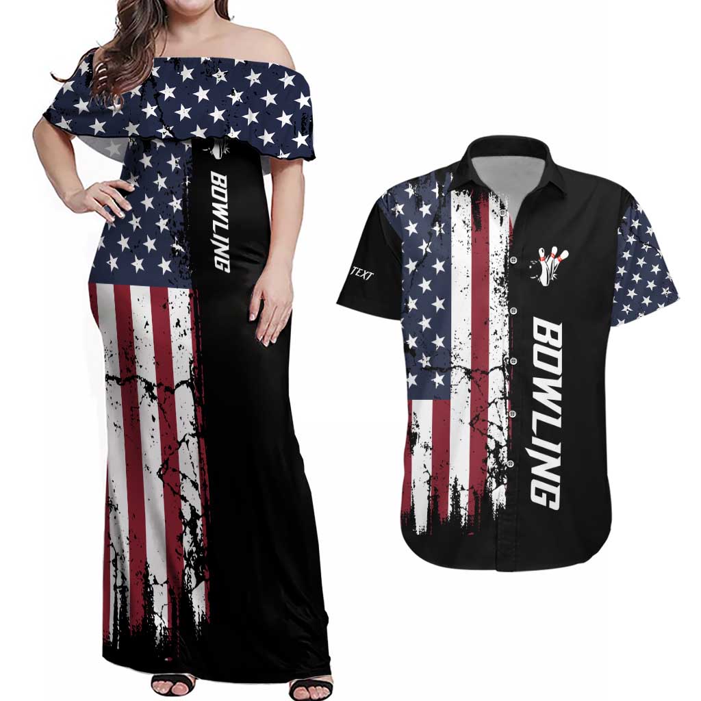 Grunge American Flag Custom Bowling Couples Matching Off Shoulder Maxi Dress and Hawaiian Shirt Pins Graphic and Team Text Layout Design - Wonder Print Shop