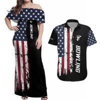 Grunge American Flag Custom Bowling Couples Matching Off Shoulder Maxi Dress and Hawaiian Shirt Pins Graphic and Team Text Layout Design - Wonder Print Shop
