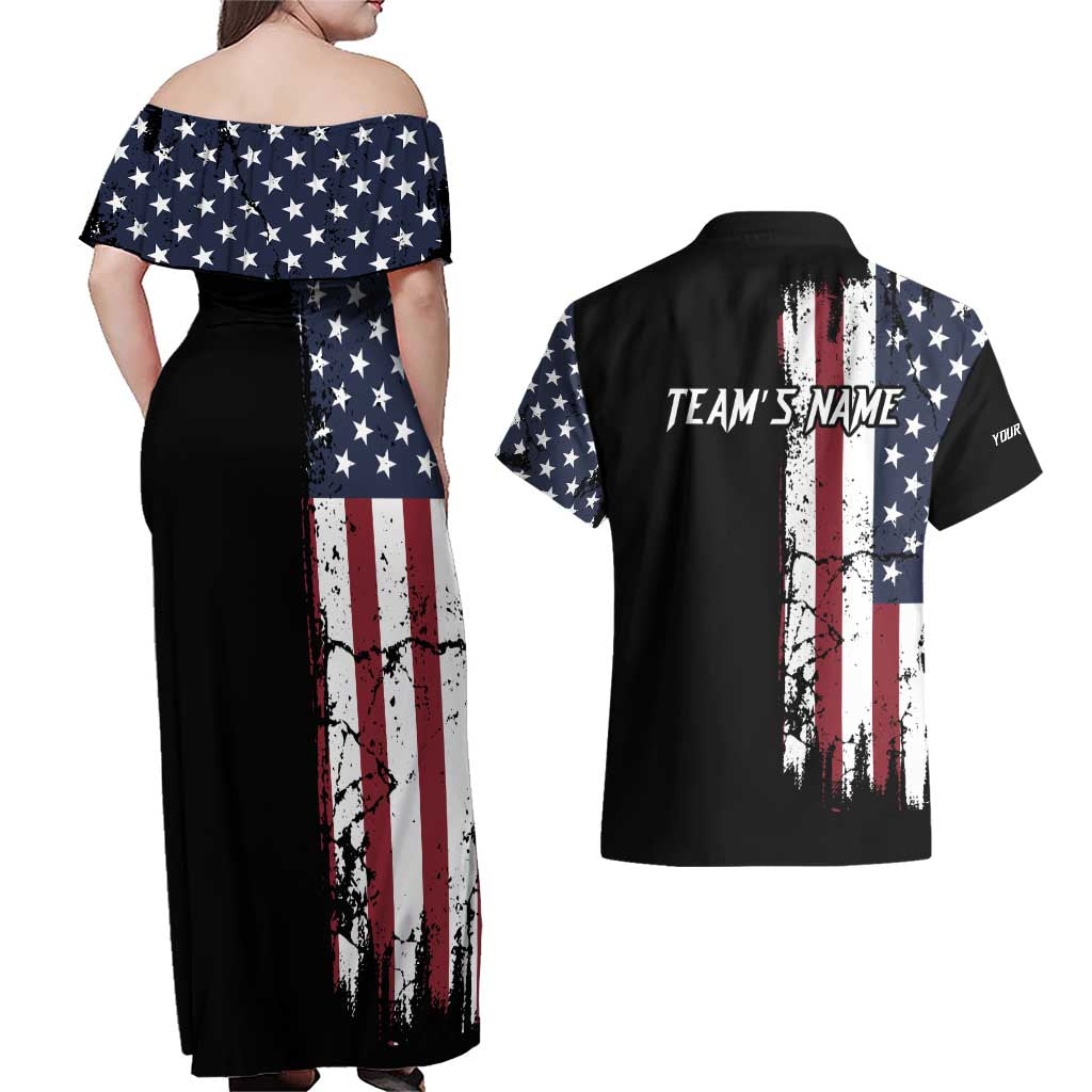 Grunge American Flag Custom Bowling Couples Matching Off Shoulder Maxi Dress and Hawaiian Shirt Pins Graphic and Team Text Layout Design - Wonder Print Shop