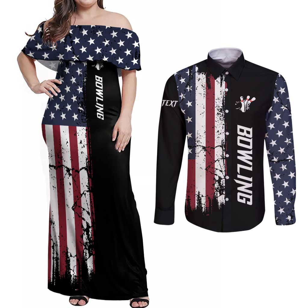 Grunge American Flag Custom Bowling Couples Matching Off Shoulder Maxi Dress and Long Sleeve Button Shirt Pins Graphic and Team Text Layout Design - Wonder Print Shop