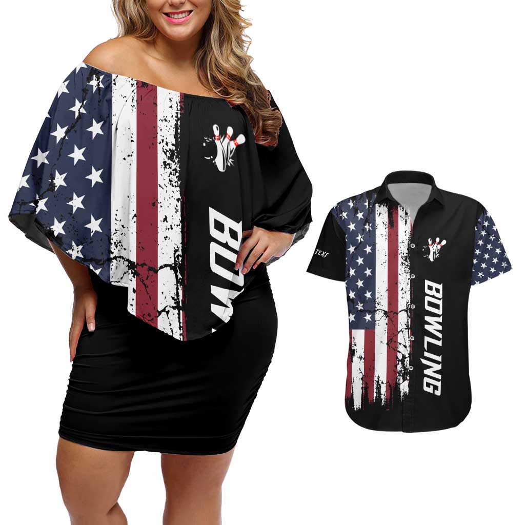 Grunge American Flag Custom Bowling Couples Matching Off Shoulder Short Dress and Hawaiian Shirt Pins Graphic and Team Text Layout Design - Wonder Print Shop