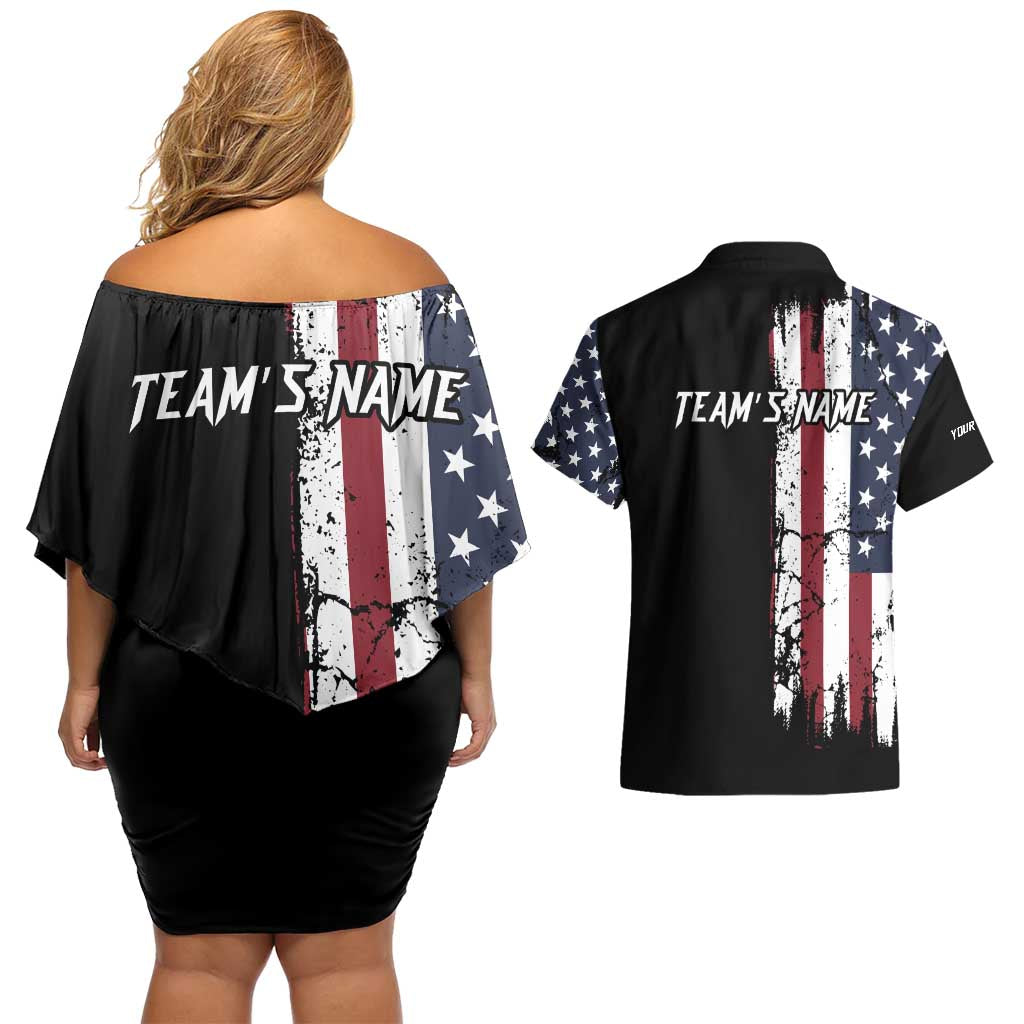 Grunge American Flag Custom Bowling Couples Matching Off Shoulder Short Dress and Hawaiian Shirt Pins Graphic and Team Text Layout Design - Wonder Print Shop