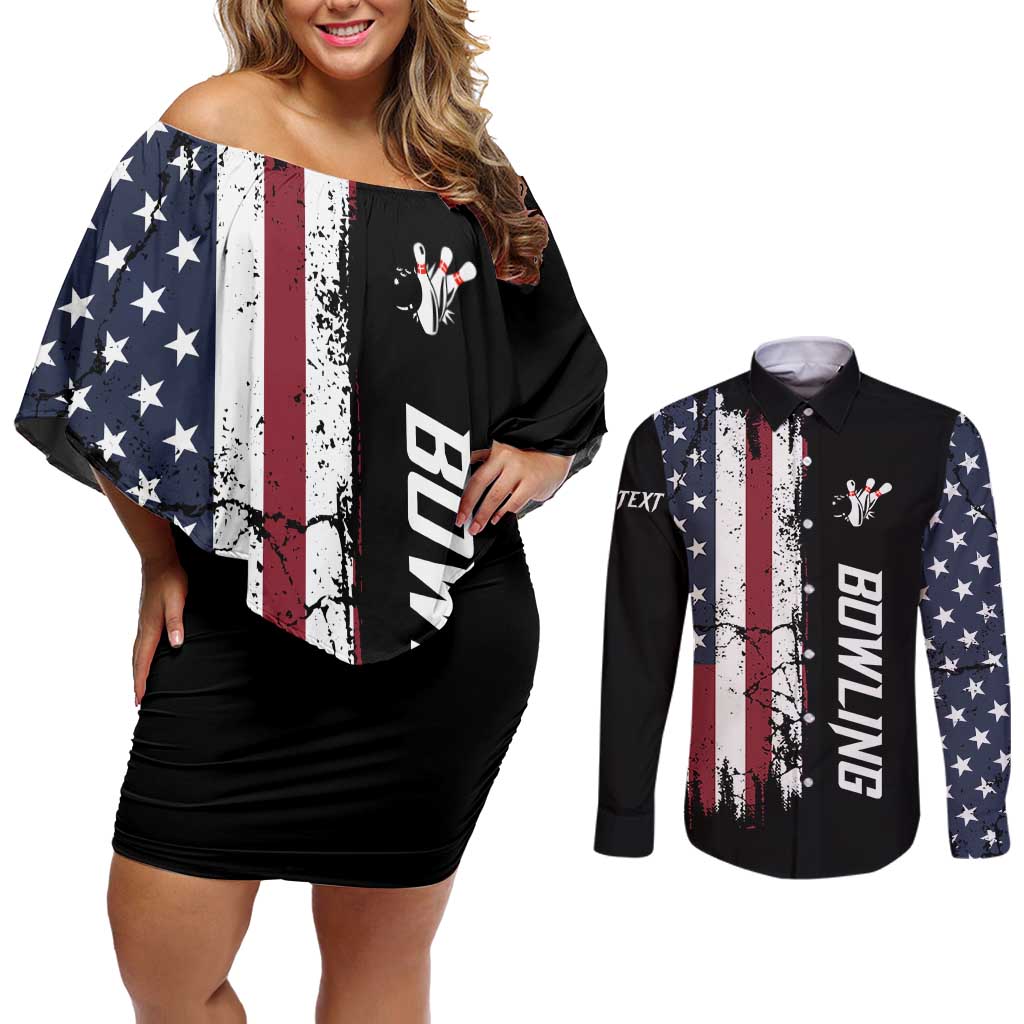 Grunge American Flag Custom Bowling Couples Matching Off Shoulder Short Dress and Long Sleeve Button Shirt Pins Graphic and Team Text Layout Design - Wonder Print Shop