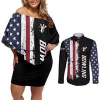 Grunge American Flag Custom Bowling Couples Matching Off Shoulder Short Dress and Long Sleeve Button Shirt Pins Graphic and Team Text Layout Design - Wonder Print Shop