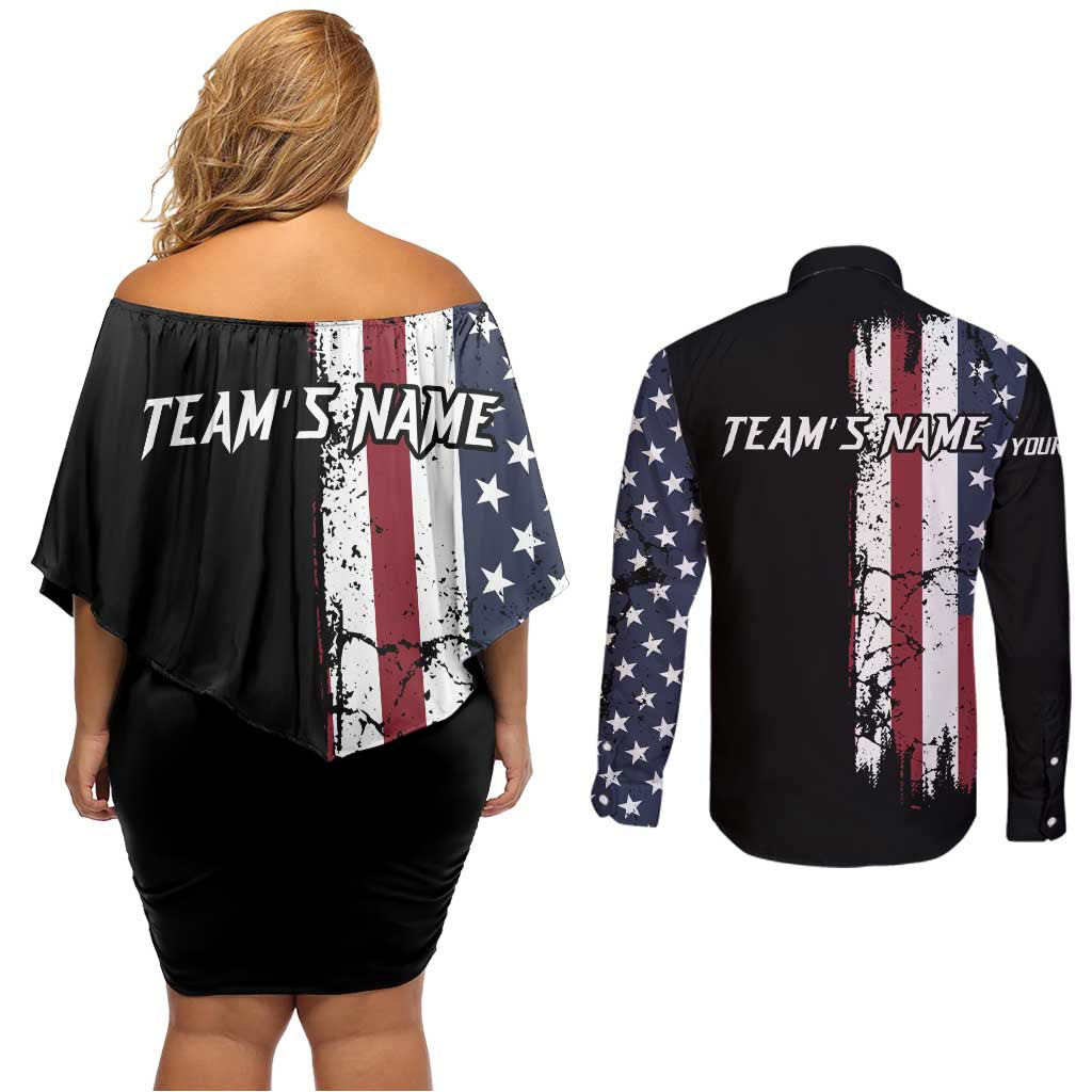Grunge American Flag Custom Bowling Couples Matching Off Shoulder Short Dress and Long Sleeve Button Shirt Pins Graphic and Team Text Layout Design - Wonder Print Shop