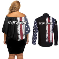 Grunge American Flag Custom Bowling Couples Matching Off Shoulder Short Dress and Long Sleeve Button Shirt Pins Graphic and Team Text Layout Design - Wonder Print Shop