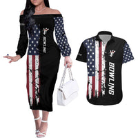 Grunge American Flag Custom Bowling Couples Matching Off The Shoulder Long Sleeve Dress and Hawaiian Shirt Pins Graphic and Team Text Layout Design - Wonder Print Shop
