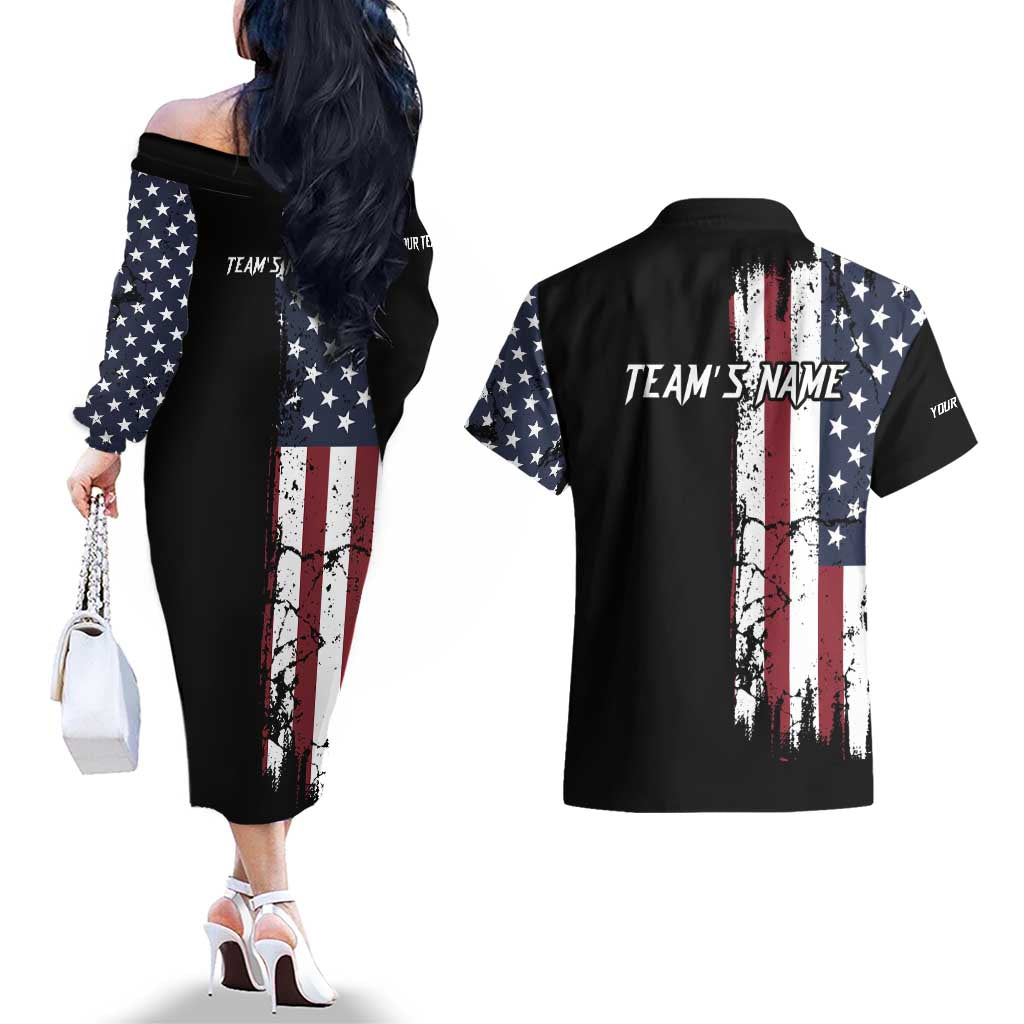 Grunge American Flag Custom Bowling Couples Matching Off The Shoulder Long Sleeve Dress and Hawaiian Shirt Pins Graphic and Team Text Layout Design - Wonder Print Shop