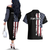 Grunge American Flag Custom Bowling Couples Matching Off The Shoulder Long Sleeve Dress and Hawaiian Shirt Pins Graphic and Team Text Layout Design - Wonder Print Shop