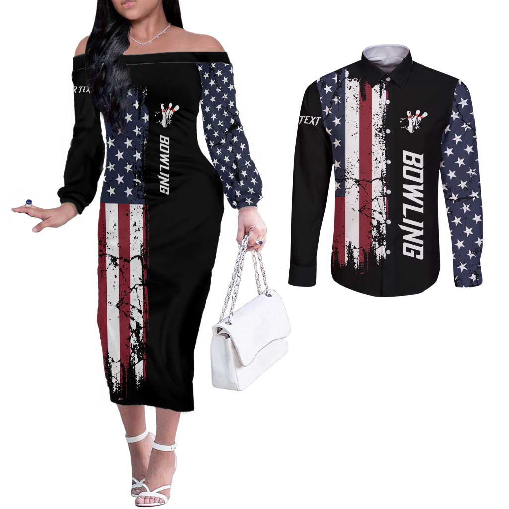 Grunge American Flag Custom Bowling Couples Matching Off The Shoulder Long Sleeve Dress and Long Sleeve Button Shirt Pins Graphic and Team Text Layout Design - Wonder Print Shop