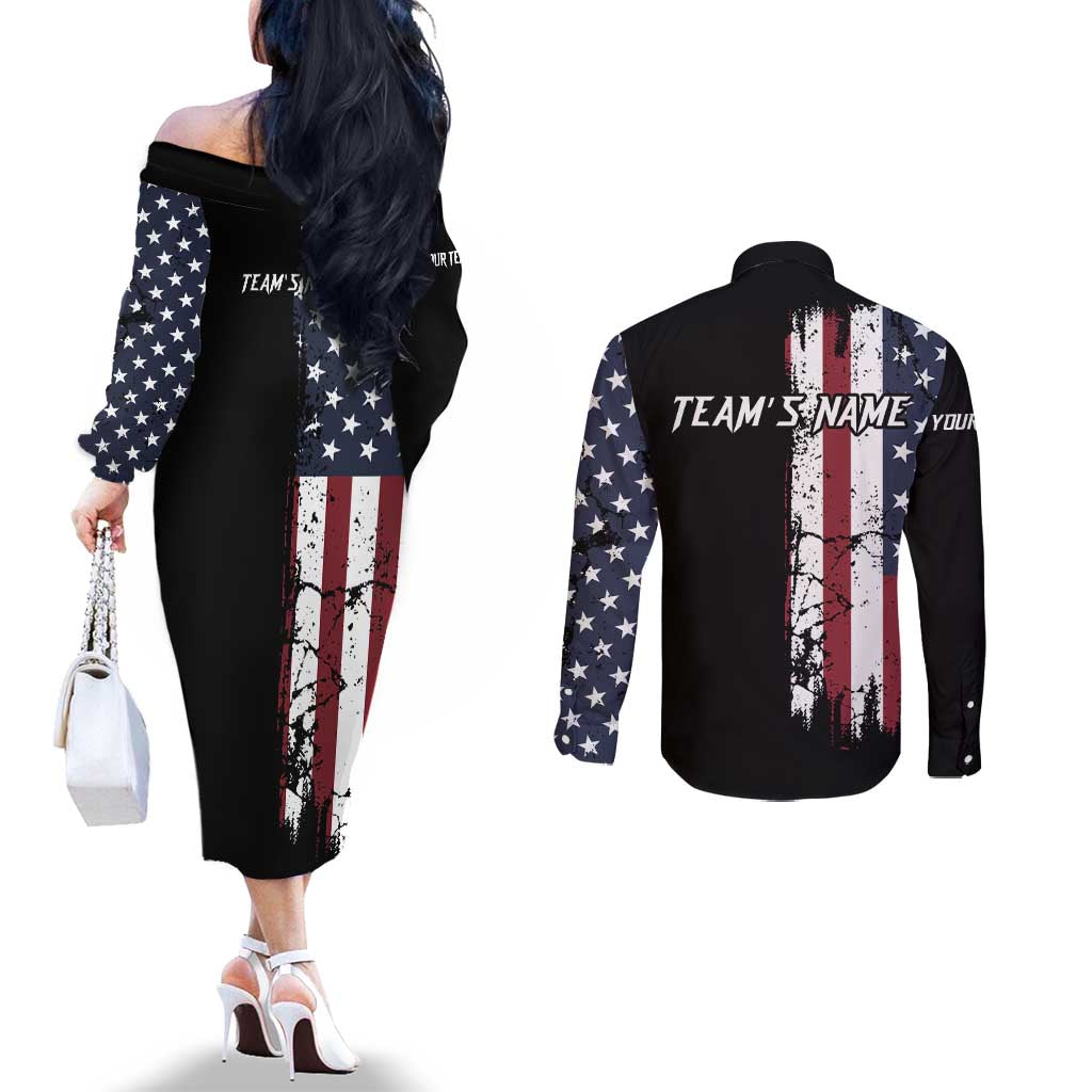 Grunge American Flag Custom Bowling Couples Matching Off The Shoulder Long Sleeve Dress and Long Sleeve Button Shirt Pins Graphic and Team Text Layout Design - Wonder Print Shop