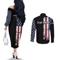 Grunge American Flag Custom Bowling Couples Matching Off The Shoulder Long Sleeve Dress and Long Sleeve Button Shirt Pins Graphic and Team Text Layout Design - Wonder Print Shop
