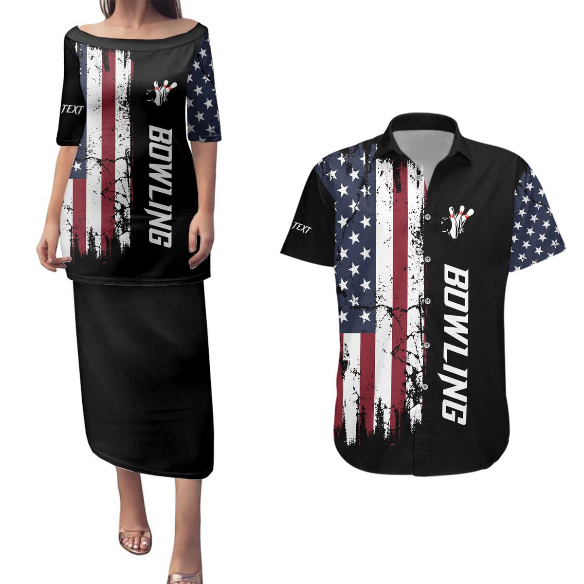 Grunge American Flag Custom Bowling Couples Matching Puletasi and Hawaiian Shirt Pins Graphic and Team Text Layout Design - Wonder Print Shop