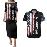 Grunge American Flag Custom Bowling Couples Matching Puletasi and Hawaiian Shirt Pins Graphic and Team Text Layout Design - Wonder Print Shop