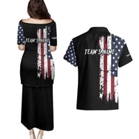 Grunge American Flag Custom Bowling Couples Matching Puletasi and Hawaiian Shirt Pins Graphic and Team Text Layout Design - Wonder Print Shop
